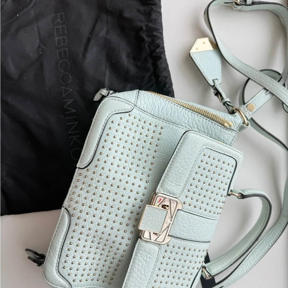 Rebecca Minkoff Studded Leather Crossbody Satchel Bag Mint Blue - Picture 11 of 13
